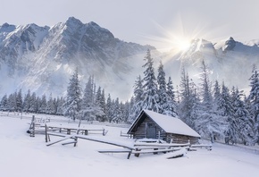 горы, солнце, снег, лес, зима, дом, елки, сугробы, mountains, the sun, snow ...