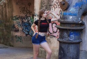 women outdoors, brunette, women, model, jean shorts, short shorts, short tops, T-shirt, black t-shirt, braids, twintails