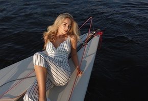 Jumpsuit, women outdoors, sea, blonde, women, model, boat, hips, water