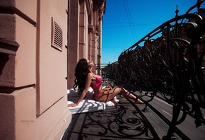 brunette, women, model, women outdoors, balcony, mattresses, pink lingerie, ...