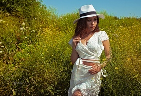 nature, flowers, plants, women outdoors, brunette, women, model, sky, white clothing, white hat, white skirt, white nails