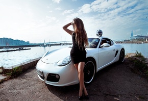 Porsche 911, Porsche 991, vehicle, Porsche, car, white cars, helmet, motorbike helmet, women outdoors, women, model, brunette, sky, clouds, black dress, bridge, water, women with glasses