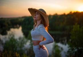 straw hat, women outdoors, nature, lake, sky, sunset, trees, women, brunett ...