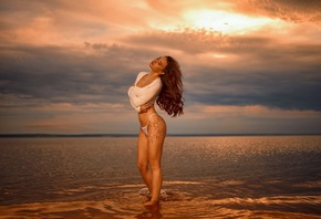 sea, beach, white bikini, women outdoors, ass, hips, tattoo, brunette, women, model, clouds, sky, closed eyes