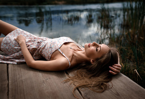 closed eyes, women outdoors, lake, water, nature, summer dress, women, model, brunette, lying on back