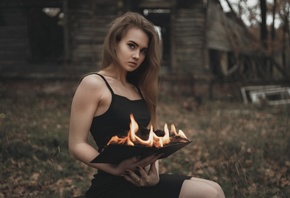 black dress, women outdoors, cottage, hut, ruins, women, dress, brunette, books, fire, model, sitting, grass, trees