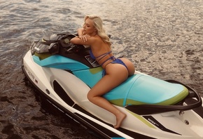 Andrey Popov, women, model, blonde, jet ski, bikini, ass, blue bikini, wome ...