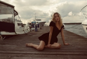 Andrey Popov, women outdoors, boat, sky clouds, black dress, nature, blonde ...
