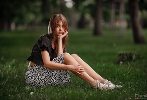 Maxim Matveev, girl, model, brunette, grass, women outdoors, skirt, blouse, black blouse, trees, nature, sitting, Converse, sneakers