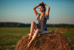 Vladimir Lapshin, girl, women outdoors, summer dress, field, sky, nature, grass, sitting, brunette, model, women