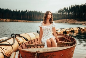 Disha Shemetova, summer dress, women outdoors, lake, nature, sky, clouds, t ...