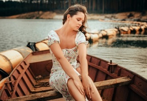 Disha Shemetova, boat, summer dress, women outdoors, lake, nature, trees, p ...