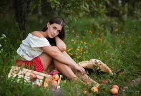 Andrey Solod, nature, women outdoors, grass, flowers, red skirt, apples, wo ...