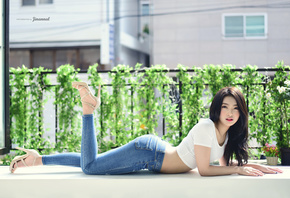 Asian, jeans, short tops, T-shirt, high heels, black hair, white tops, tight jeans, lying on front, looking at viewer, brunette, women, model
