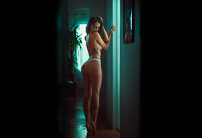 Robert Choquette, women indoors, ass, hips, no bra, plants, tiptoe, tattoo, brunette, women, model, rear view, white panties