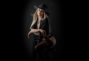 studio, women indoors, ass, chair, blonde, simple background, model, women, black panties, black blouse, black stockings, sitting, black hat, hips