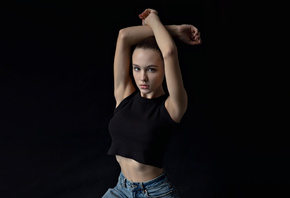 brunette, black top, women, model, jeans, women indoors, studio, girl, short tops, simple background, arms up, looking at viewer