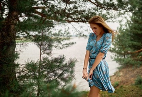 nature, lake, women outdoors, women, model, brunette, dress, trees, blue dress, sky