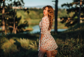 summer dress, nature, lake, grass, baskets, sky, , women outdoors, dress, women, model, brunette, redhead