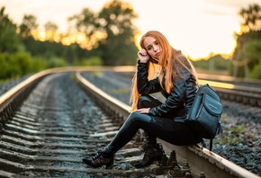 , railway, women, women outdoors, leather clothing, leather pants, l ...