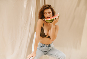 Lacey Rogers, women, model, brunette, black bra, chair, sitting, jeans, watermelon, tattoo