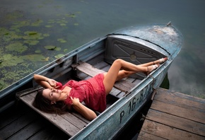 Dmitry Shulgin, , brunette, women outdoors, boat, summer dress, red  ...