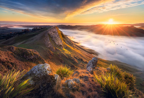 природа, краєвид, Нова Зеландія, гори, долина, туман, птахи, схід сонця, промені сонця