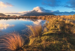 природа, краєвид, Нова Зеландія, гори, озеро, ставок, трава, хмари