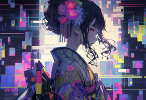 девушка, AI Art, brunette, kimono, digital art, Asian, abstract, colorful, red eyes