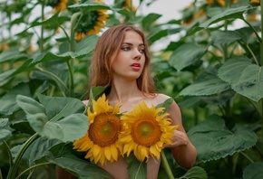, Oxana Gromova, model, outdoors, brunette, sunflowers, no bra, plants, red lipstick, nature