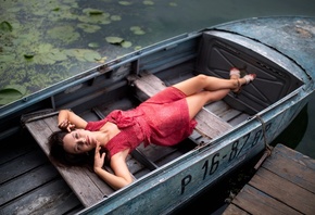 девушка, Dmitry Shulgin, outdoors, red dress, brunette, boat, lake, water, model, red lipstick, summer dress, nature