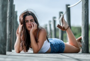 , Pedro Courelas, bridge, brunette, outdoors, white tops, short tops, jean shorts, model, sky, nature, wooden bridge