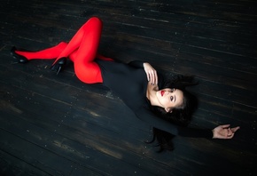 Dmitry Shulgin, red lipstick, brunette, women indoors, model, bodysuit, hips, wooden surface, leotard, black bodysuit, black leotard, lying on back, women, on the floor, , ass