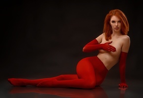 Vyacheslav Tsurkan, девушка, red pantyhose, redhead, studio, no bra, on the floor, ass, model, women indoors, looking at viewer, boobs, women, pantyhose, hips, covering boobs