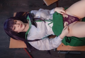 , Hologana, cosplay, Busujima Saeko, model, anime girls, Highschool of the Dead, hips, school uniform, women indoors, purple panties, ass, chair, lying on back, classroom, purple hair, anime, purple lingerie