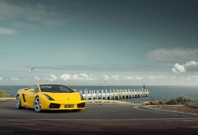 Lamborghini Gallardo, yellow cars, car, sea, italian cars, Lamborghini, sky, nature, clouds