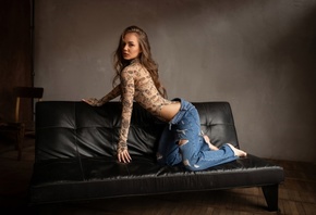 , black couch, open jeans, hips, bodysuit, bent over, model, jeans, torn jeans, red lipstick, brunette