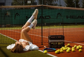 sportswear, , tennis court, tennis rackets, model, tennis balls, wom ...