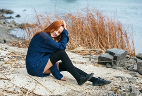 , blue sweater, river, model, nature, smiling, outdoors, redhead, thigh-highs, thigh high socks