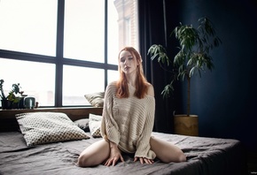 Maksim Chuprin, , Elizaveta Kurilko, in bed, window, indoors, model, sweater, redhead, plants