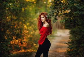 , forest, redhead, nature, black jeans, blouse, model, trees, women outdoors, red blouse, black pants, looking at viewer