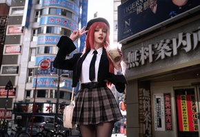 , Alin Ma, cosplay, Xenon, model, anime girls, Asia, Makima, Chainsaw Man, redhead, anime, street, public, coffee, pantyhose, city, tie, miniskirt, plaid skirt, berets, Starbucks