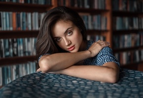 brunette, bookstore, , model, blue dress, women indoors, books, face ...