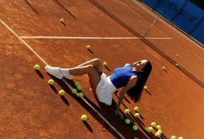 model, tennis court, women outdoors, , sportswear, brunette, sneakers, tennis balls, closed eyes, socks, long hair, sport