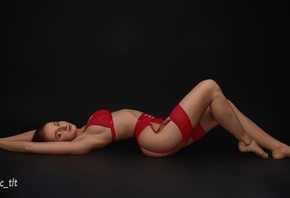 Vyacheslav Tsurkan, , studio, brunette, red bra, garter belt, red lingerie, ass, red panties, model, on the floor, hips, women indoors