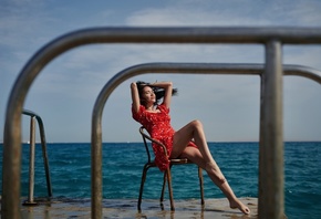 Gene Oryx, model, red dress, chair, , brunette, summer dress, women  ...