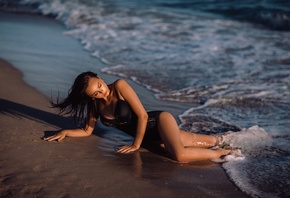 swimwear, nature, brunette, ass, beach, , black swimsuit, one-piece swimsuit, model, hips, women outdoors