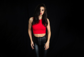 Dmitry Shulgin, model, studio, , women indoors, leather pants, red lipstick, black background, simple background, brunette, red tops, makeup