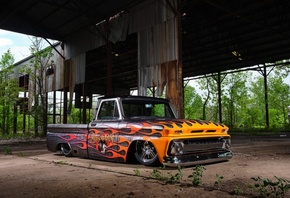 1966 Chevrolet C10, truck, classic, lowered, flames, gray