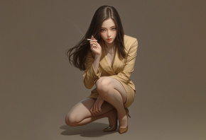 Blazer, Asian, AI Art, brunette, , miniskirt, simple background, squatting, cigars, smoke, smoking